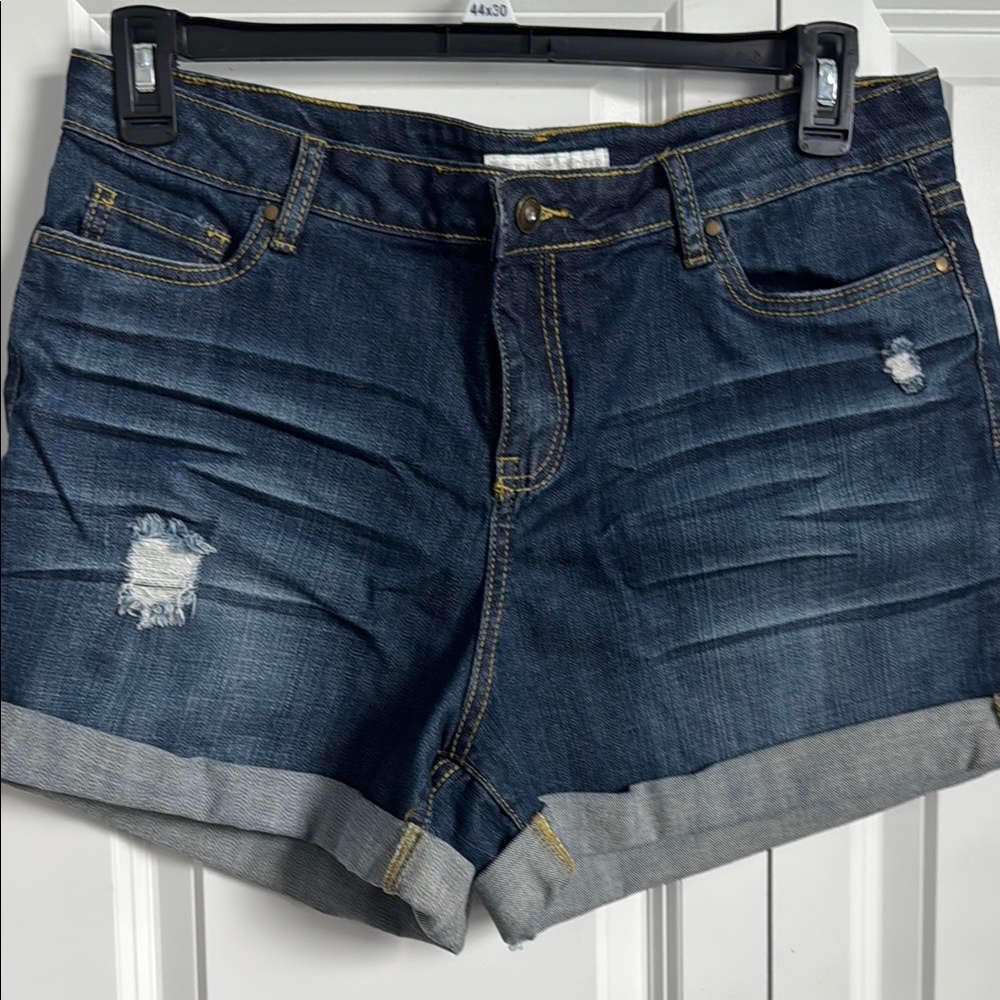 Blue Distressed Jean Shorts with Cuffed Hem